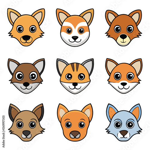 Funny cartoon set of cute animal pet character head icons