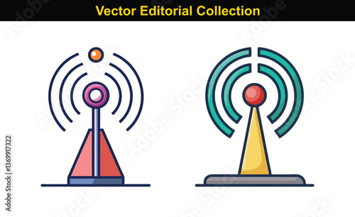 Vector Collection of Signal Tower Illustrations, A series of vector illustrations featuring signal towers with different designs and signal wave patterns.
