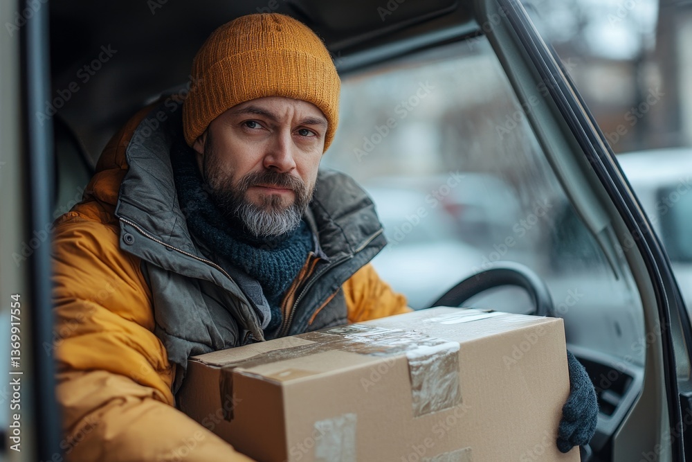 Courier man taking out cardboard box from opened van full of parcels to give postal to customer, view from inside of car Courier man taking out cardboard box from opened van full of parcels to give postal to customer, view from inside of car