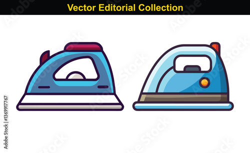 Vector Collection of Iron Illustrations, A set of vector illustrations featuring different designs of electric irons with sleek, modern shapes and features.
