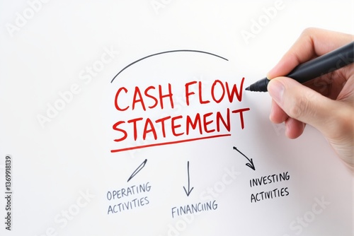 Hand holding marker drawing cash flow statement with arrows pointing to financing, operating, and investing activities on white background. Ai generative