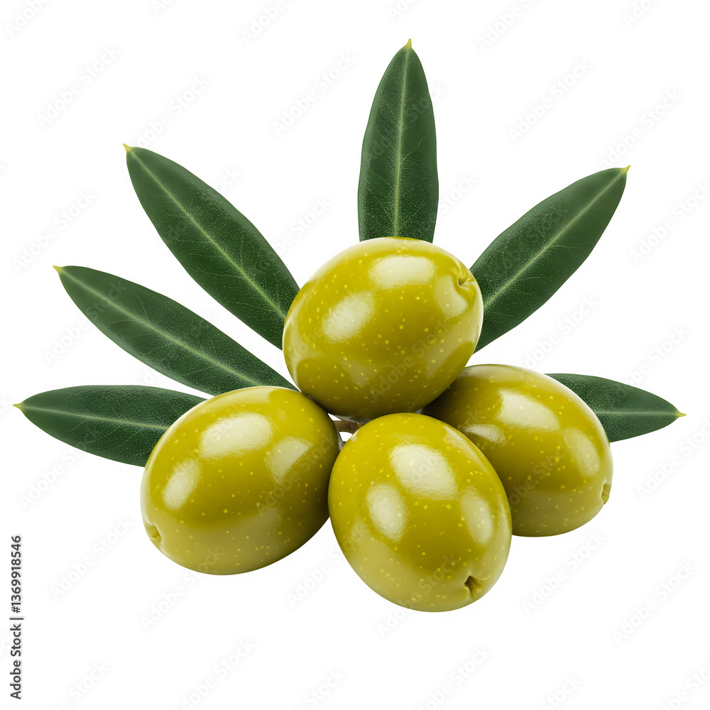 Fresh green olives with their leaves, set against a white background. Fresh green olives with their leaves, set against a white background.