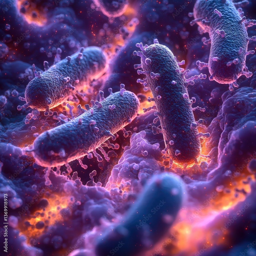 Microscopic view of vibrant bacteria, glowing with purple and orange hues, detailed 3D rendering.  Ideal for scientific, medical, or educational purposes.