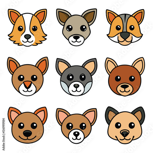 Funny cartoon animal characters collection with cute cat, dog, bear, pig, fox, rabbit, and cow mammal heads vector illustration