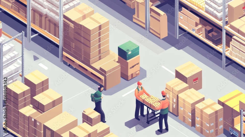 Warehouse workers pack grocery orders in a modern isometric setting with stacked boxes and an organized layout Generative AI Warehouse workers pack grocery orders in a modern isometric setting with stacked boxes and an organized layout Generative AI