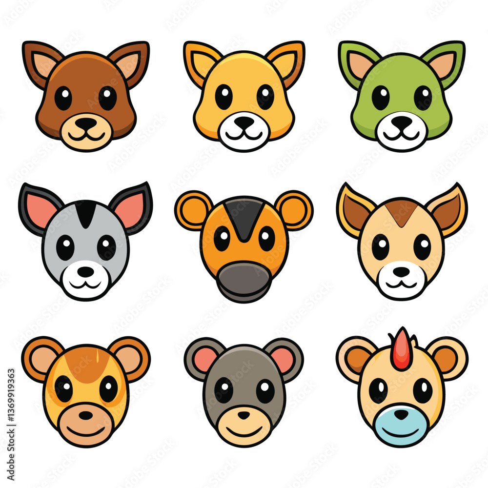 A vibrant vector set of diverse cartoon animal faces and heads, featuring beloved pets and wild creatures like cats, dogs, pigs, bears, foxes, rabbits, pandas, and lions, perfect for fun baby and zoo 
