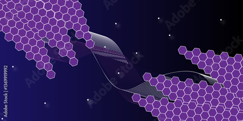Abstract futuristic background. Blue, purple hexagon pattern. Dark sci-fi technology backdrop. Hexagonal technology, molecule, genetic, chemical compounds abstract vector background. 