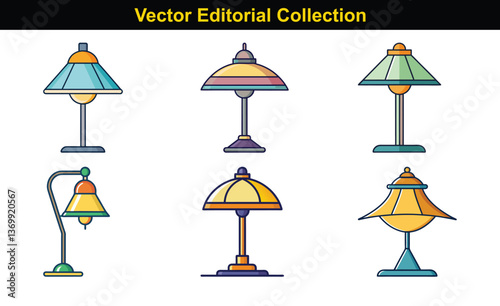 Vector Collection of Colorful Table Lamps Illustrations, A set of vector illustrations featuring colorful table lamps in various shapes and designs.
