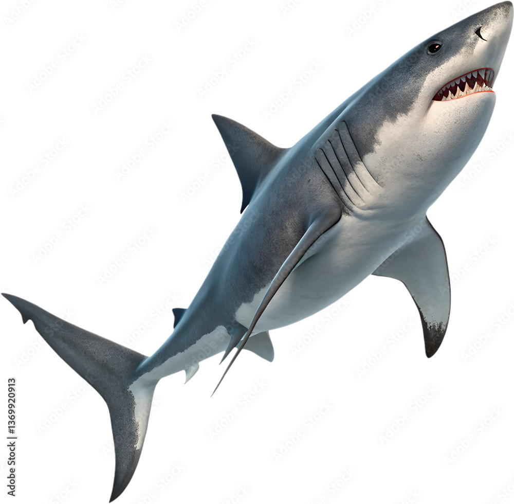 Obraz premium Massive Megalodon shark swims through ancient ocean depths.