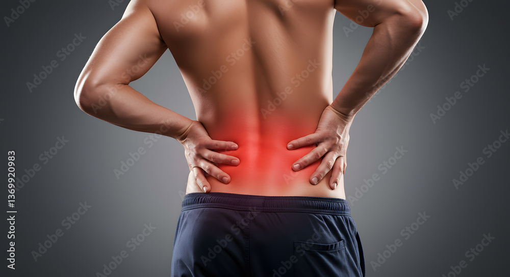 Naklejka premium Muscular Man with Lower Back Pain, Red Highlight on Injury