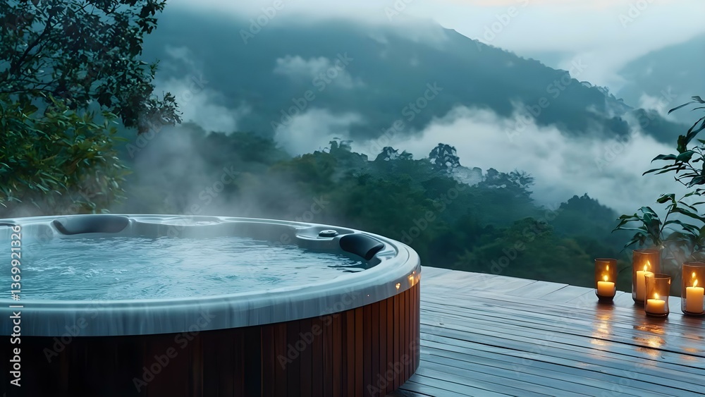 Φωτογραφία A hot tub on a wooden deck overlooking a misty landscape with mountains and soft candlelight ambiance