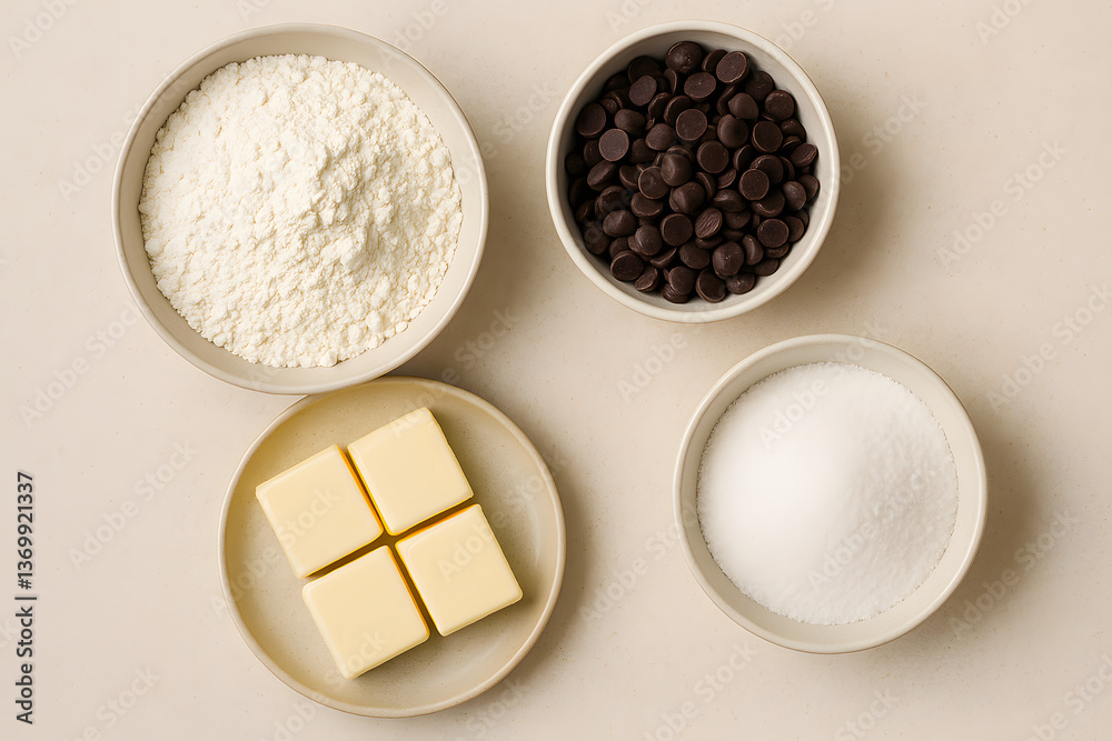Cookie baking ingredients in bowls on light background, top view

