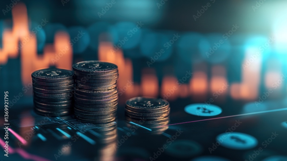 Stacks of coins on a financial dashboard
