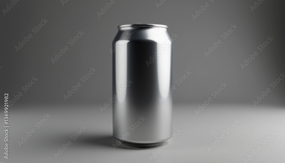 Silver Aluminum Can on Muted Gray Background: Sleek Reflections. A silver aluminum can on a gray background. Silver Aluminum Can on Muted Gray Background: Sleek Reflections. A silver aluminum can on a gray background.
