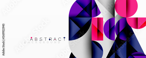 Abstract geometric artwork with overlapping circles and gradients, circle square triangle shapes background featuring sharp angular cuts, smooth shading, and structured layered composition