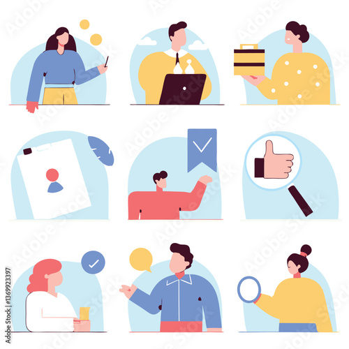This vector illustration set features diverse business and medical icons, symbols, and avatars representing people, teams, and professions in an office or work setting