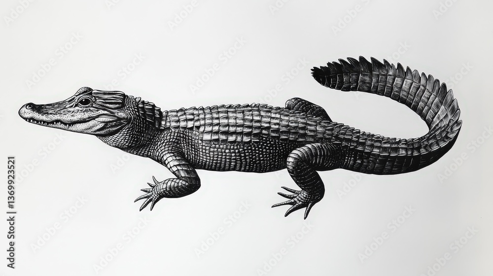 Fototapeta premium Striking black and white alligator illustration. Realistic detail captures the power and texture of this formidable reptile against a clean background