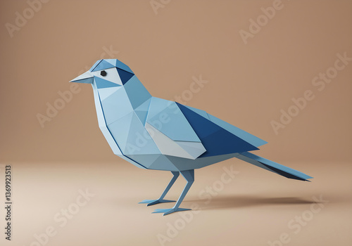 A handcrafted paper sculpture of a bird designed in geometric low poly style with shades of blue and a minimalistic background.