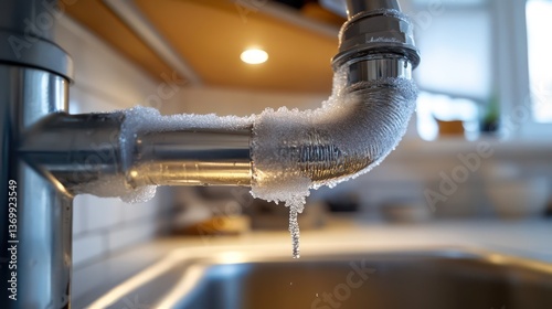 Prevent water pipes from freezing, photo of exposed pipes under the sink, with pipe insulation applied to prevent freezing, the environment is a clean and orderly kitchen,
