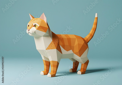 A handcrafted paper sculpture of a cat with orange and white fur in geometric low poly style.