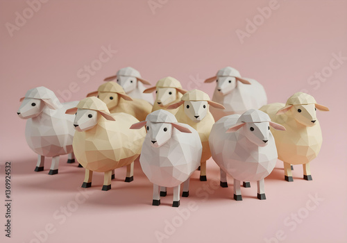 A group of miniature handcrafted paper sheep sculptures in low poly style on a pastel pink background.