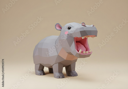 A cute handcrafted paper sculpture of a hippo calf with open mouth, designed in low poly style.