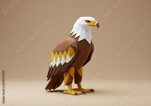 Low poly paper sculpture of a majestic eagle standing proudly on a beige background with sharp details.