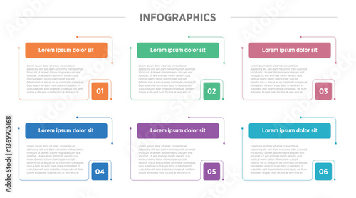 Modern Business infographics design for Six Step, option, parts or process. Infographic 6 element design template for presentation. process diagram, step banner, flow chart, 6 option template.