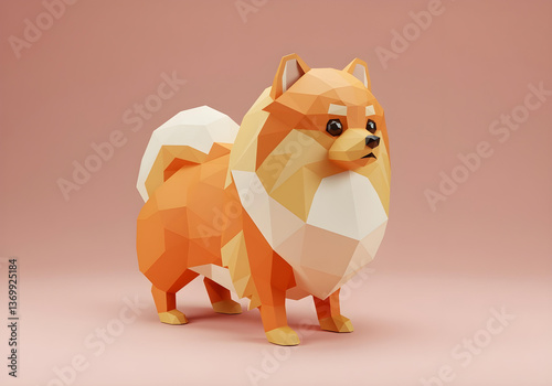 Low poly paper sculpture of a fluffy Pomeranian dog with curled tail on pink background, 3D artwork.