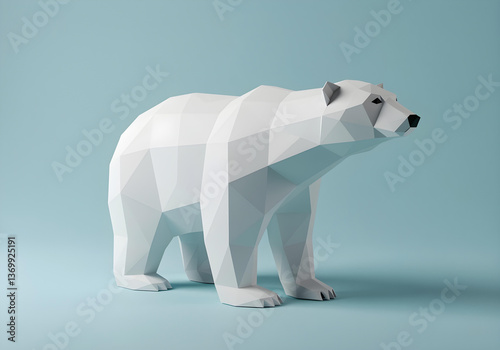 Low poly paper sculpture of a polar bear standing on light blue background, clean and modern design.