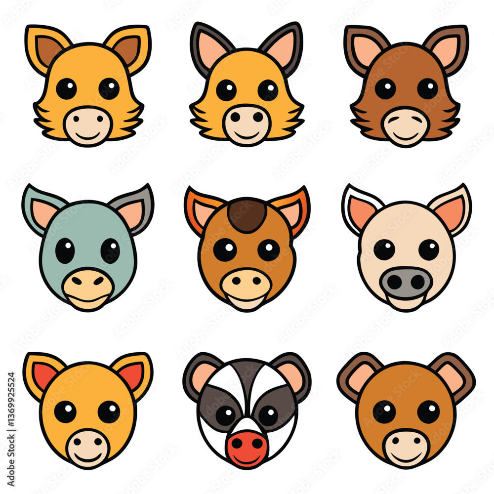 Fototapeta premium Funny cartoon animal character faces, a cute vector set of pet illustrations