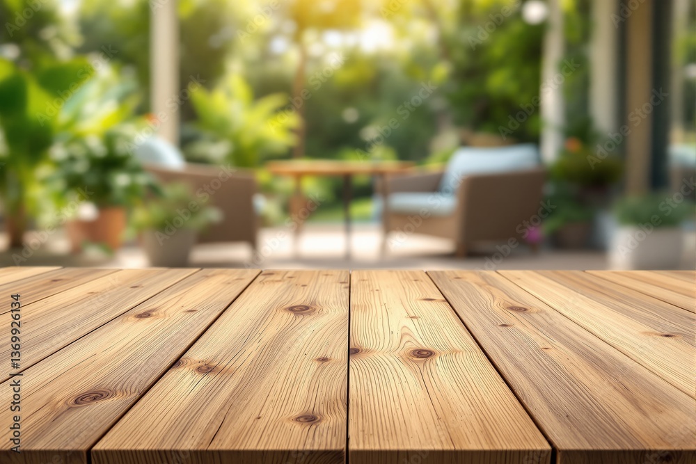 Wooden planks in focus with blurred green garden patio background, showing furniture and plants in soft sunlight. Concept of outdoor relaxation. Ai generative