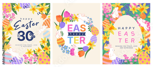 illustration of easter day concept,  card and background, cartoon and character, bunny or rabbit with flowers and egg, seasonal theme
