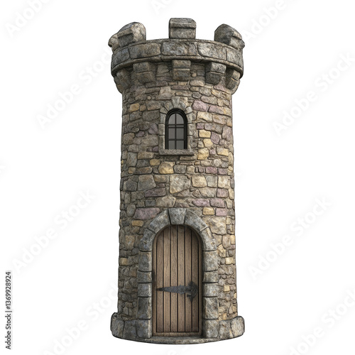 A stone tower with a door isolated on transparent background
