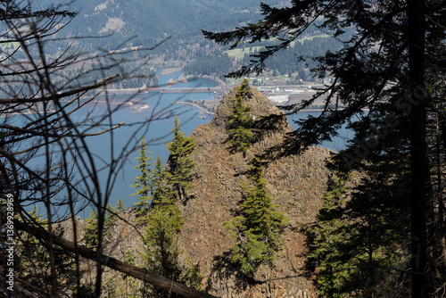 Scenic view from Indian Point in Columbia River Gorge, Oregon. Captured during a travel hike via Herman Creek Trail and Gorton Creek Trail, with panoramic views over the Columbia River, blue sky photo