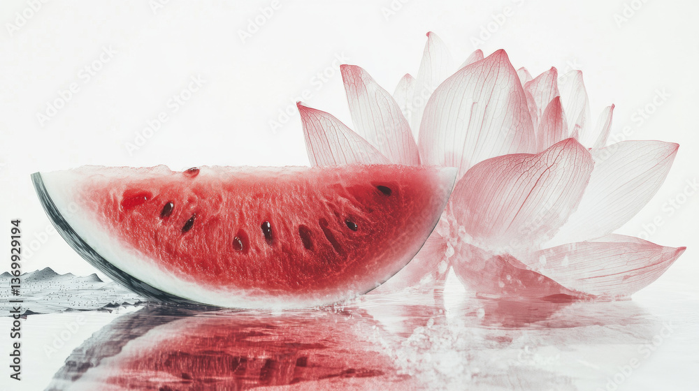 A slice of watermelon next to a translucent lotus flower A slice of watermelon next to a translucent lotus flower