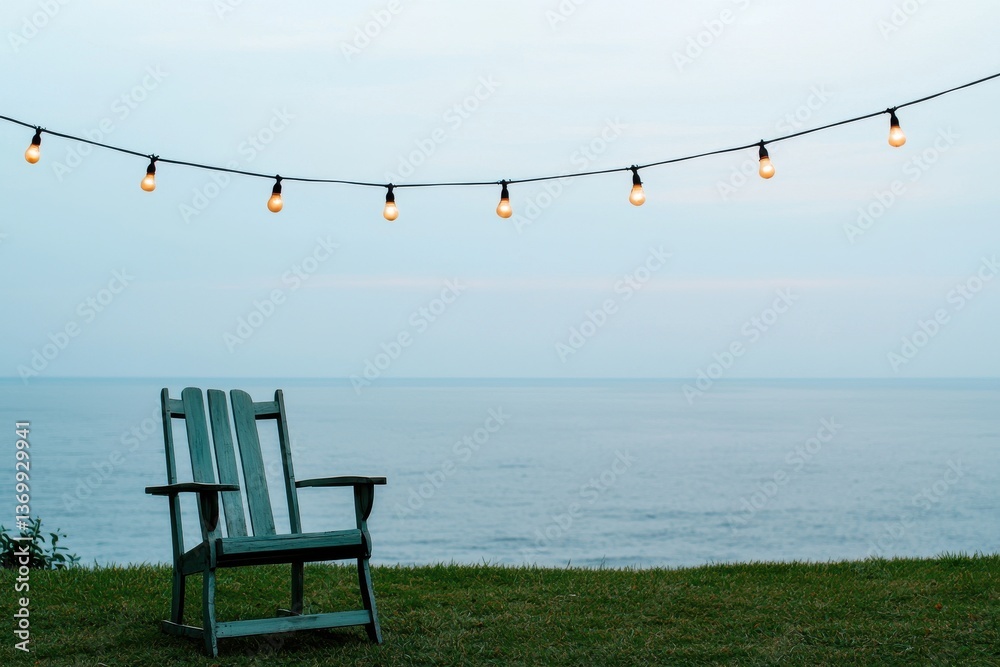 Fototapeta premium Cozy Outdoor Scene with Rocking Chair and String Lights by Water
