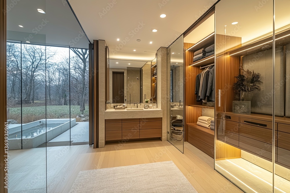 Fototapeta premium Modern bathroom and dressing area with large windows and beautiful cabinetry