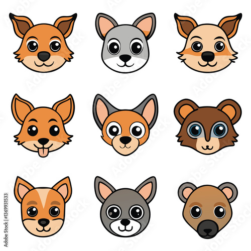 Funny vector cartoon set of cute animal heads including cats, dogs, and bears for a fun collection