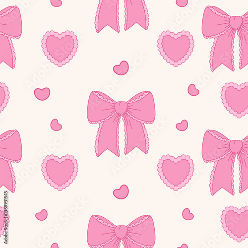 Vintage seamless pattern Coquette Pink Bow Ribbon and Heart on White Background. Romantic Girly Vibe. Trendy aesthetic patterned backdrop template. Vector illustration