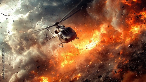 Helicopter Flying Through Explosive Background With Dark Clouds