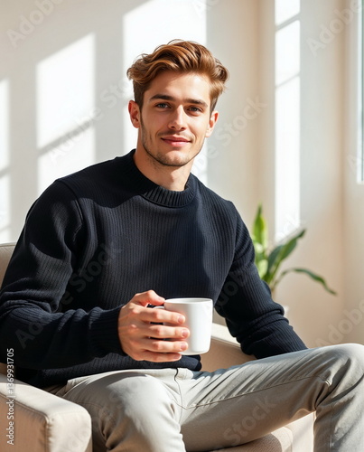 A morning coffee cozy vibes with natural light of happy man