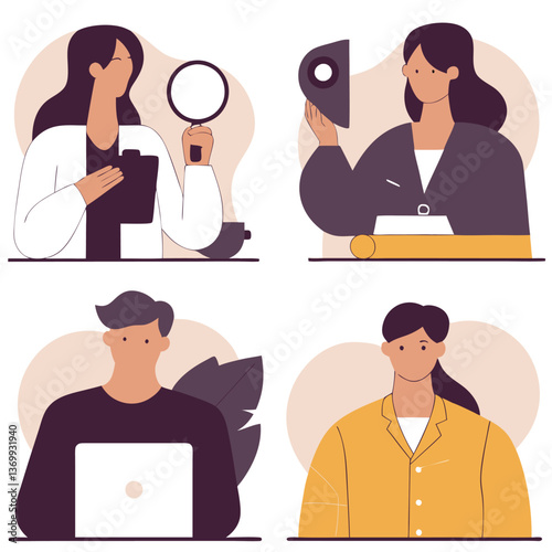 Set of vector illustrations of diverse business people working at office desks with computers, talking, and having meetings