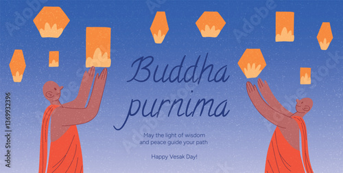 Buddha Purnima Celebration with Buddhist Monks Releasing Lanterns. Vesak Day. Buddha Jayanti Greeting. Vector Illustration for Posters, Cards, Social Media, Banners, Web and Print Design.