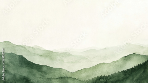 Watercolor painting of rolling green mountains with misty layers