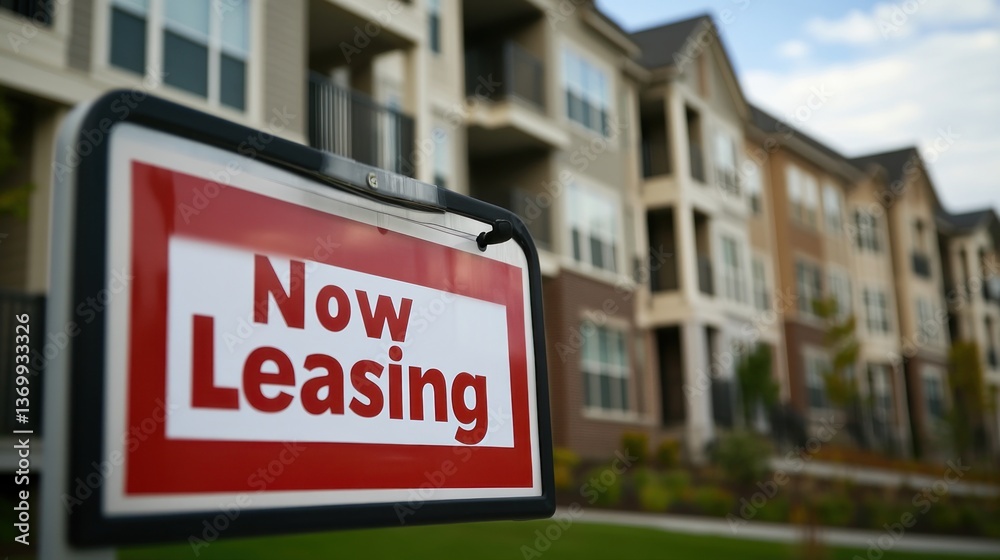 Obraz premium Apartment complex showcasing a now leasing sign for prospective tenants