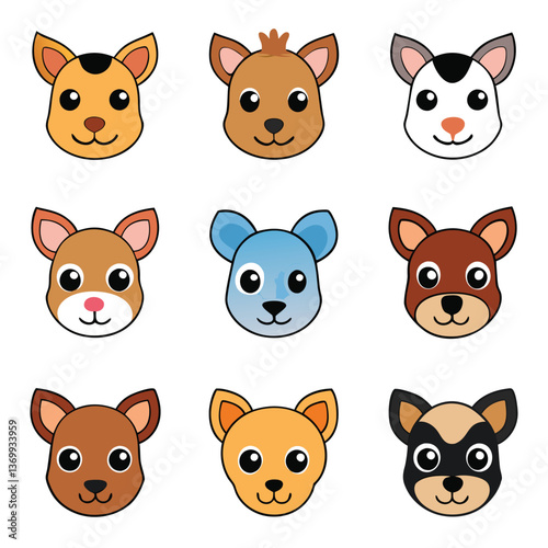 Cute funny cartoon cat and pet animal character heads vector illustration set