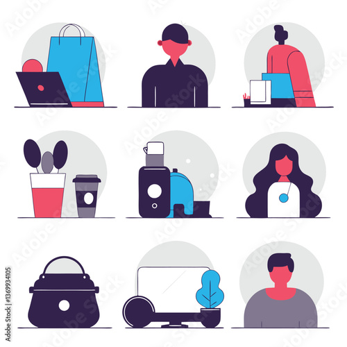 Set of business people icons, vectors, and silhouettes depicting various professions and team work symbols