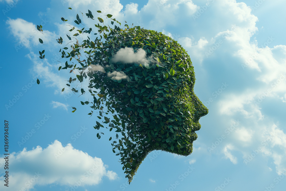 Human head silhouette filled with leaves and sky concept