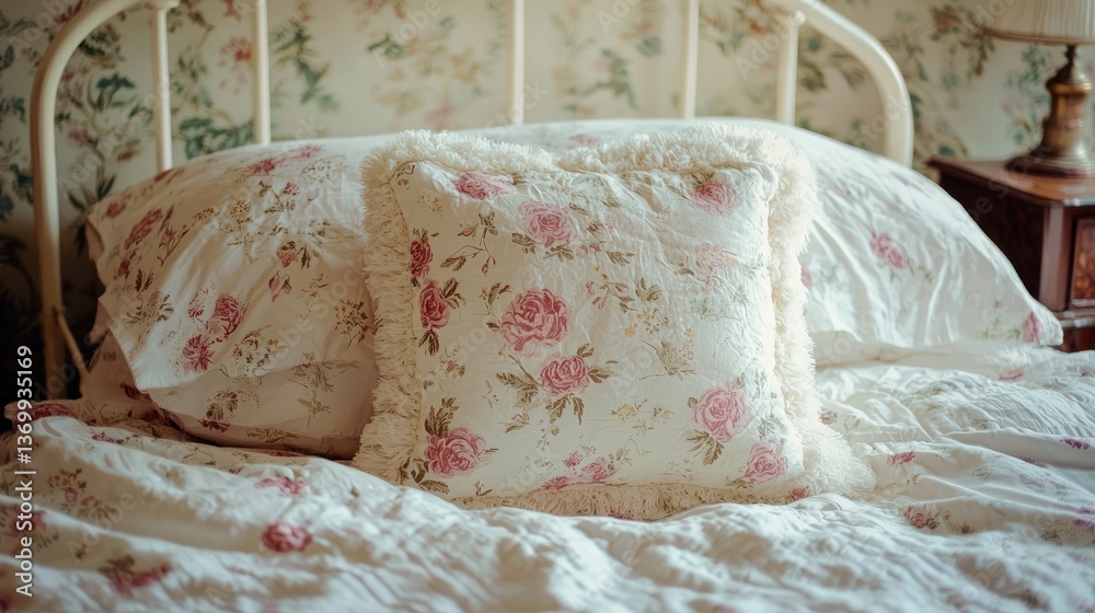 A fluffy pillow inside a floral pillowcase on a vintage bed. A fluffy pillow inside a floral pillowcase on a vintage bed.